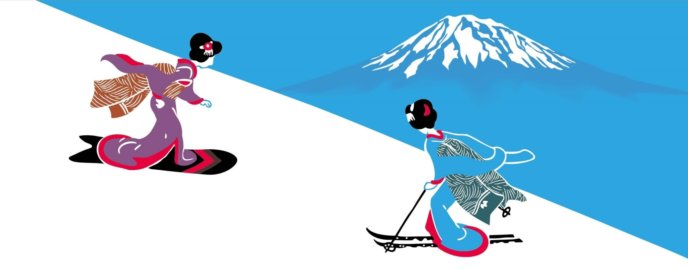 Japanese Ukiyo E Style Snowboarder And Skier In Niseko Yotei