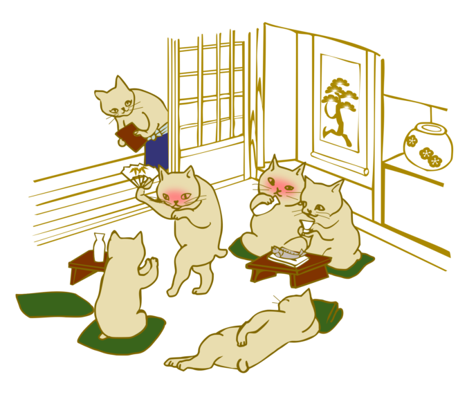 Drinking Session Cats Japanese Ukiyo E Style