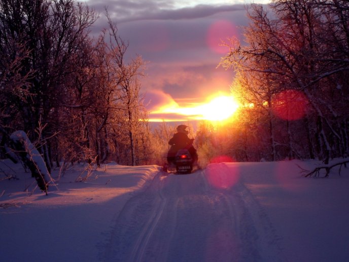 Snowmobiling as the sun sets