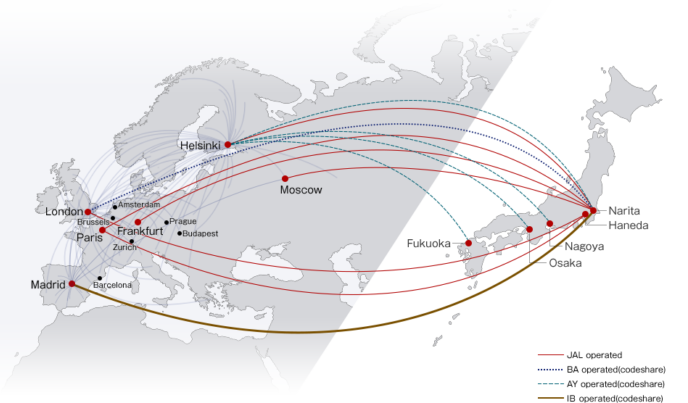 Jal Japan Airlines European Route Map